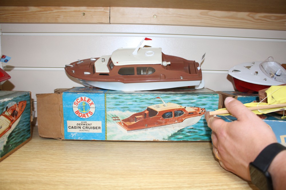 Six Scalex plastic model boats, comprising: Swift II racing yacht, complete with figure and instructions, 414 Derwent electric cabin